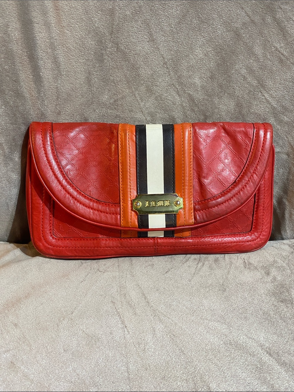 LAMB Red Leather Clutch with Stripe Accent